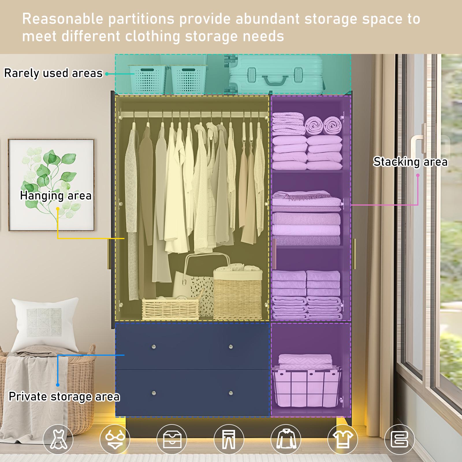 3 Doors Armoire Wardrobe Closet with Mirror, LED Armoire with Doors and Drawers, Wooden Armoire Storage Cabinet with Hanging Rod, Adjustable Shelves, (White/Black/brown）