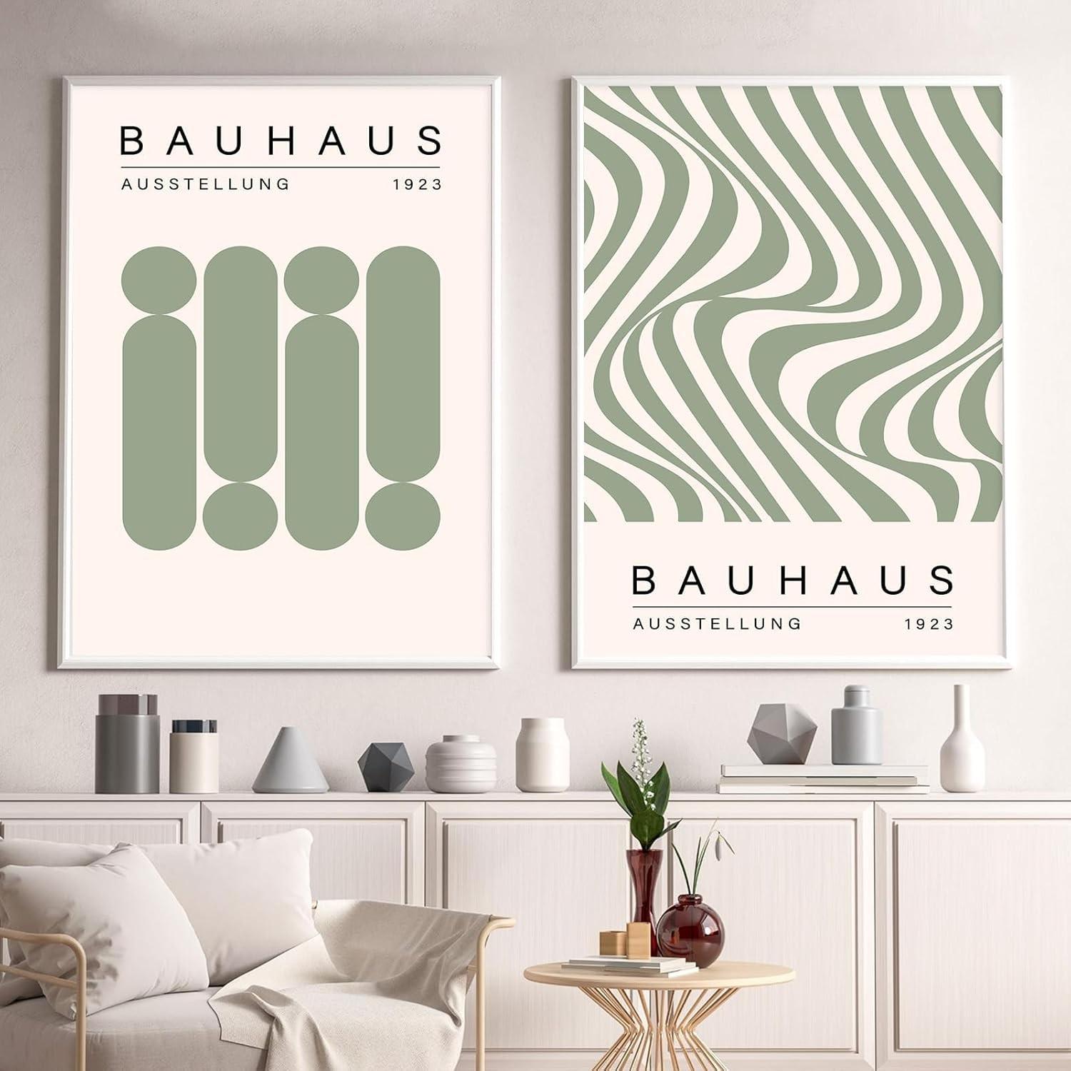 3pcs/set Geometric Line Wall Art Bauhaus 1923 Poster Sage Green Abstract Paintings Mid Century Modern Artwork Bauhaus Exhibition Poster Abstract Shape Prints Boho Modern Picture for Livingroom Unframed