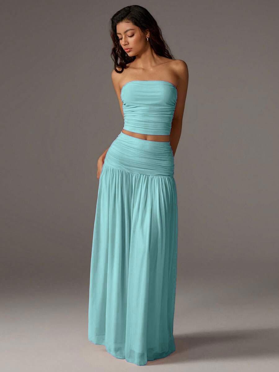 Women's Mesh Solid Color Halter Top Sleeveless and Long Dress Two-Piece Set, Breathable Summer Outfit, Elegant and Comfortable for Daily Wear, Neck Top Set