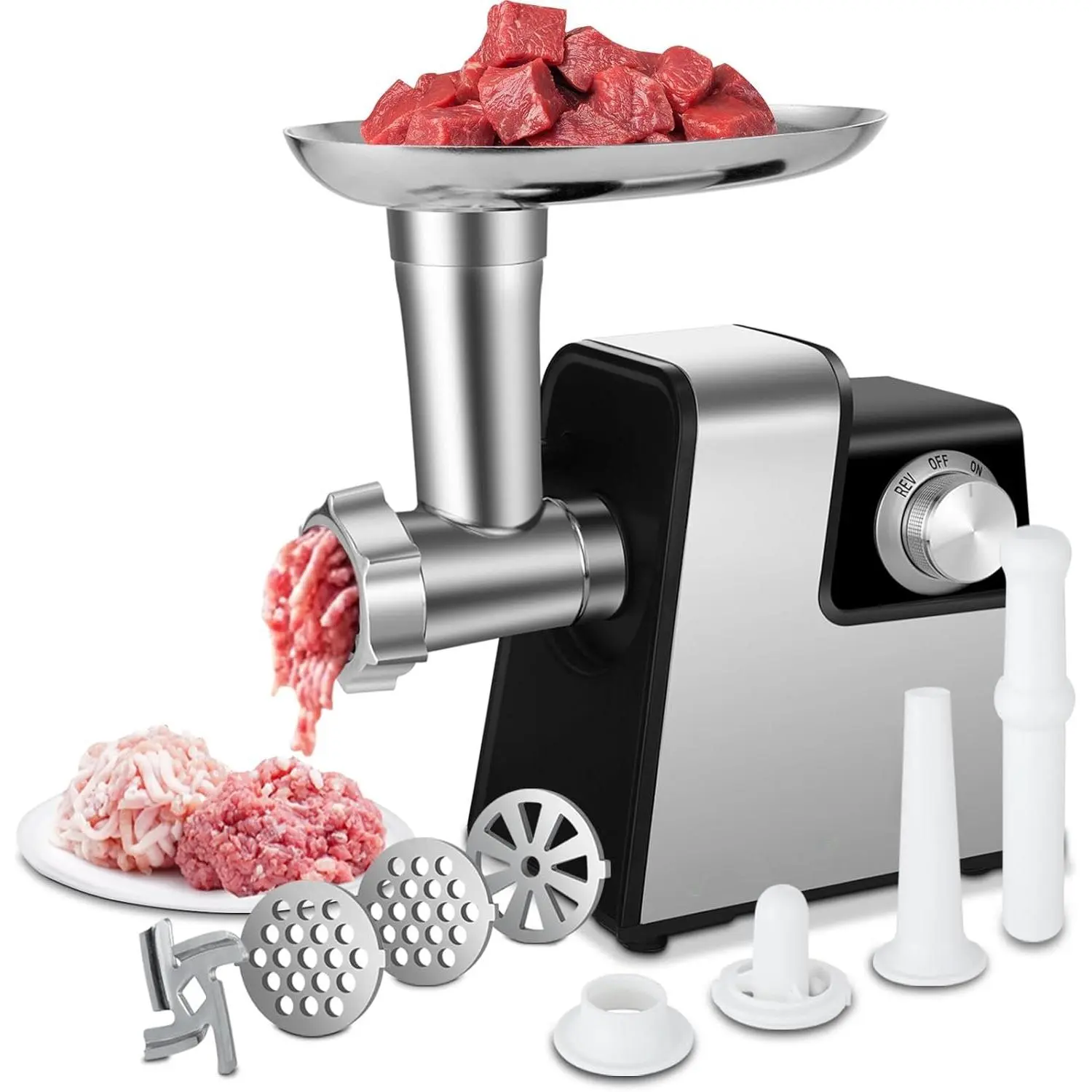 Electric Meat , 350W (MAX2800W)Heavy Duty Stainless Steel   with Sausage Stuffer Tubes & Kubbe Kit, 3 Grinding Plates for  Kitchen Use