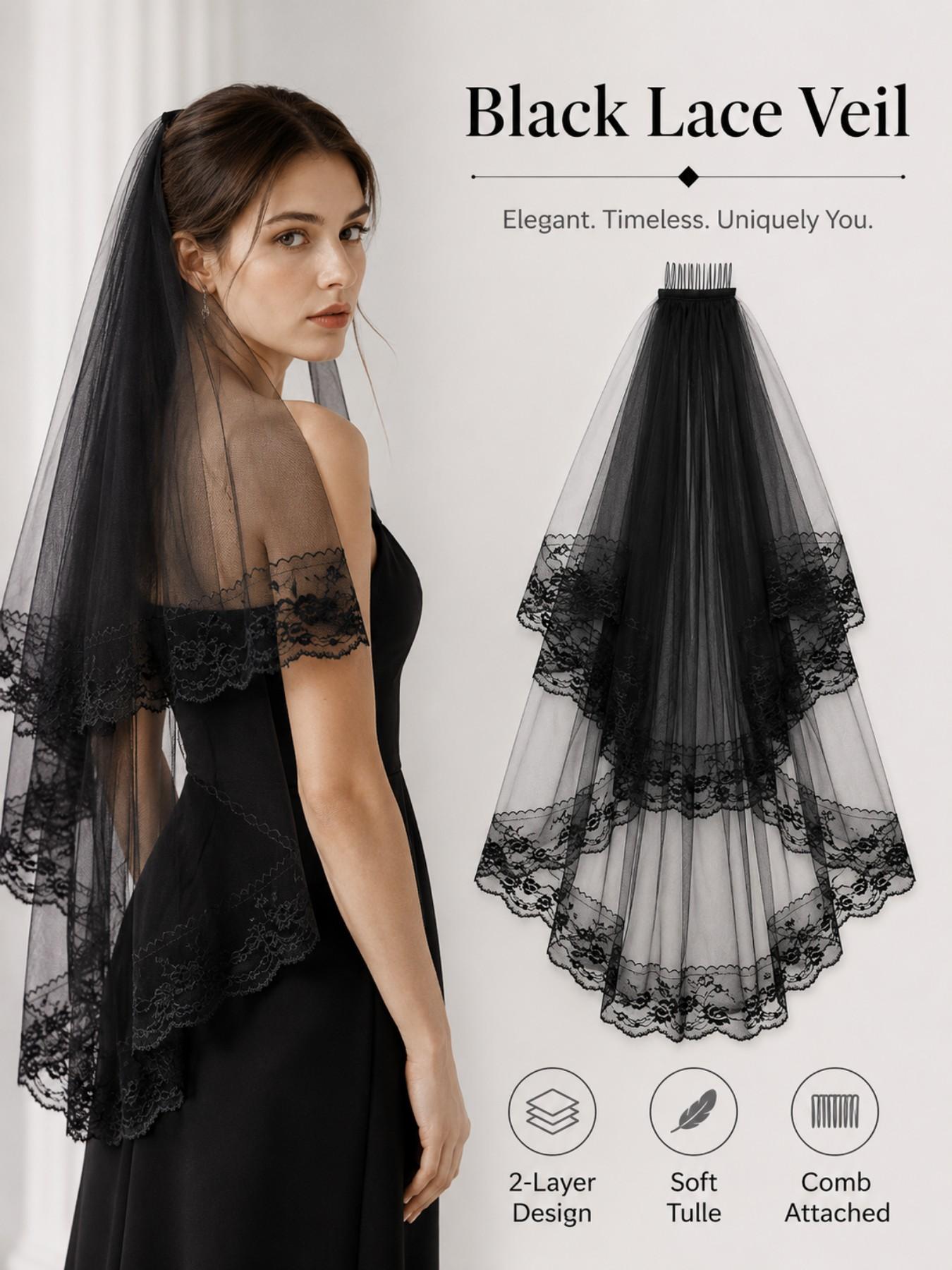 Gothic 2-Layer Tulle Wedding Veils with Floral Lace Edge & Comb, Classic Black Bridal Headwear, Perfect for Halloween Party, Cosplay Outfit, Dark Wedding and Spooky Themed Events