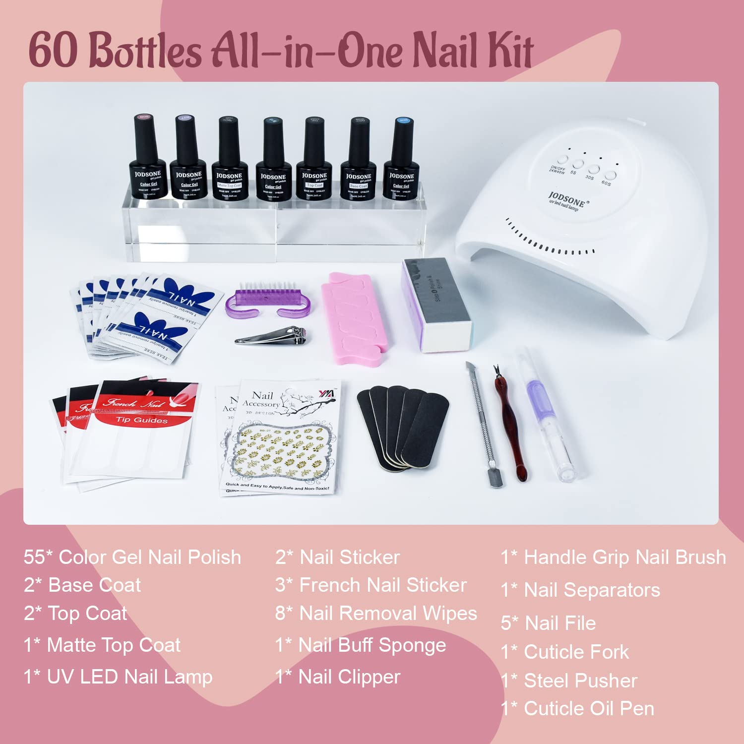 JODSONE Gel Nail Polish Kit 60 PCS with U V Light Base Top Coat 55 Shine Colors Bright and Dark Series Manicure Set
