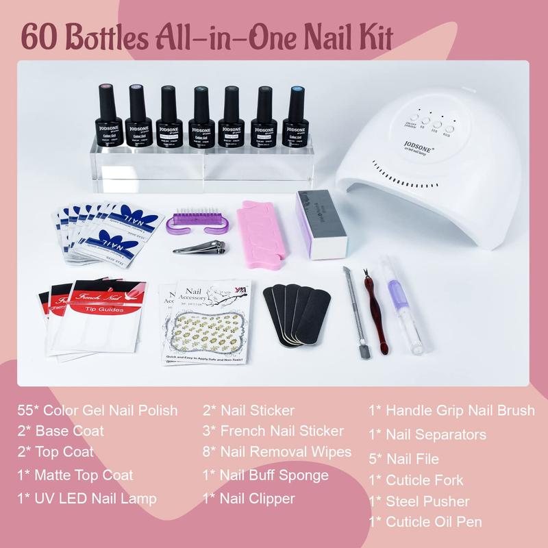 JODSONE Gel Nail Polish Kit 60 PCS with U V Light Base Top Coat 55 Shine Colors Bright and Dark Series Manicure Set