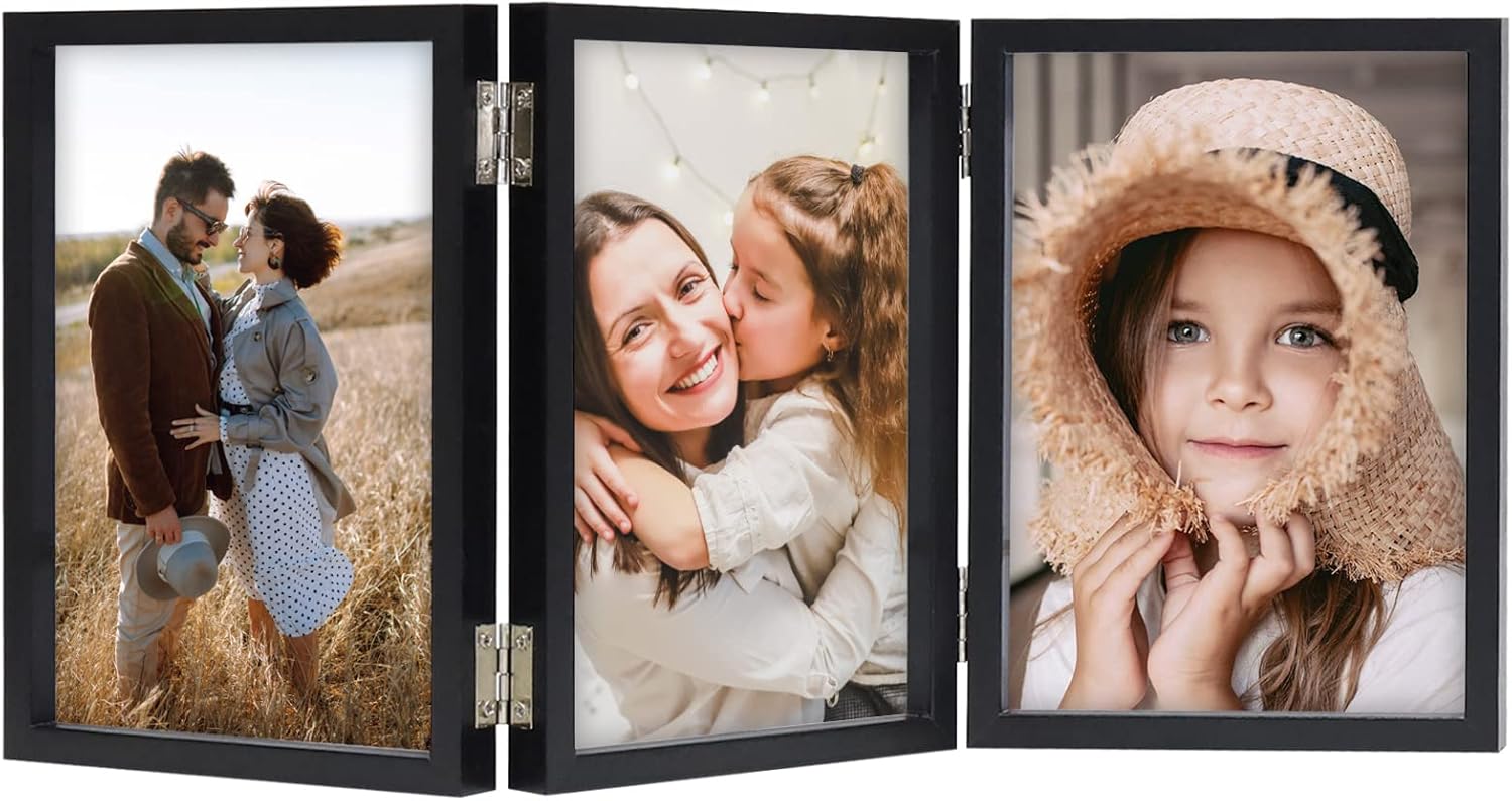 4x6 Triple Picture Frame Hinged 3 Photos – Folding Photo Frame with Real Glass, Vertical Stand Black Collage Frame for Tabletop Display