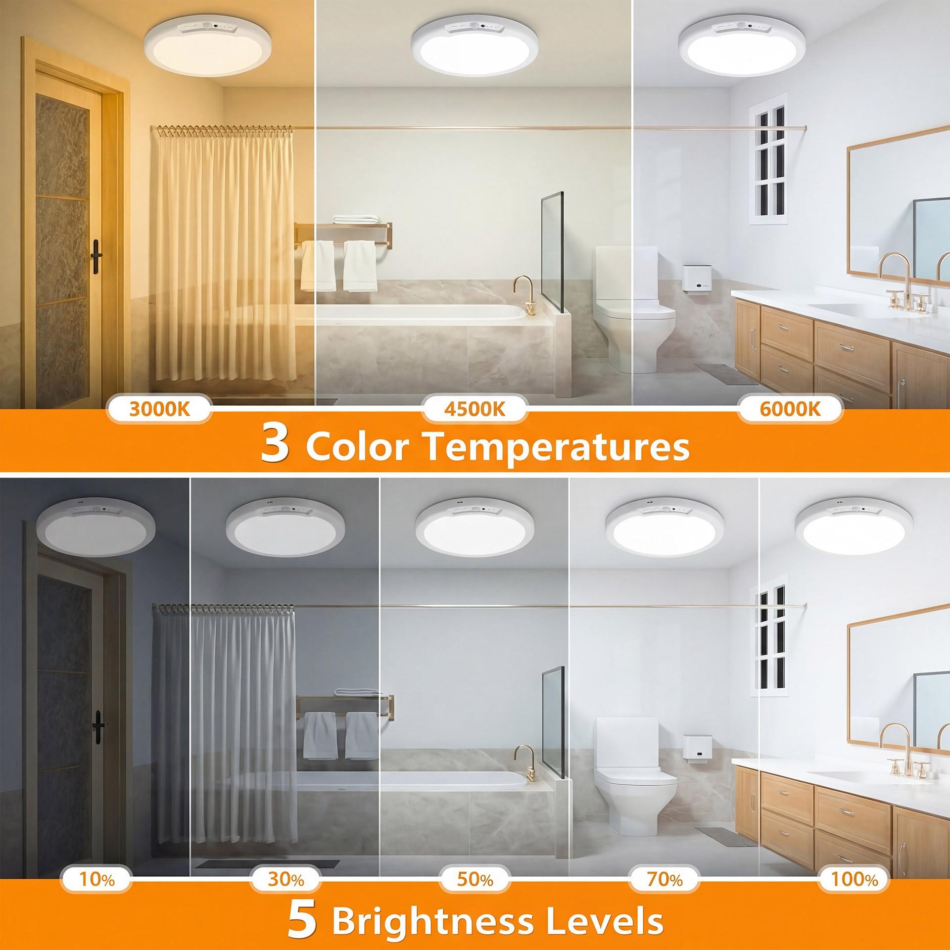 2 Pack Rechargeable Ceiling Lights with Remote Wireless Battery Operated Motion Sensor Waterproof Shower Lighting, 3CCT & Dimmable Stick On Closet Overhead for Pantry Living Room Renter Friendly