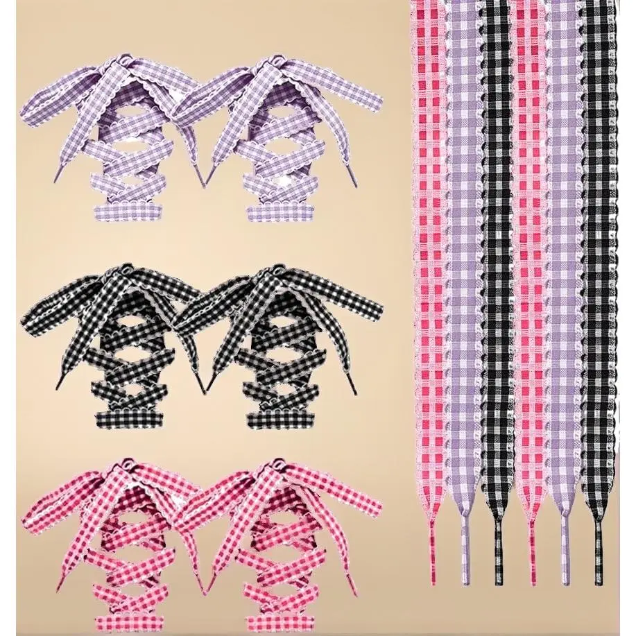 Flat Colorful Gingham Plaid Shoelaces – Thin Ribbon Checkered Shoestrings for Women Sneakers, 2 Pairs Set