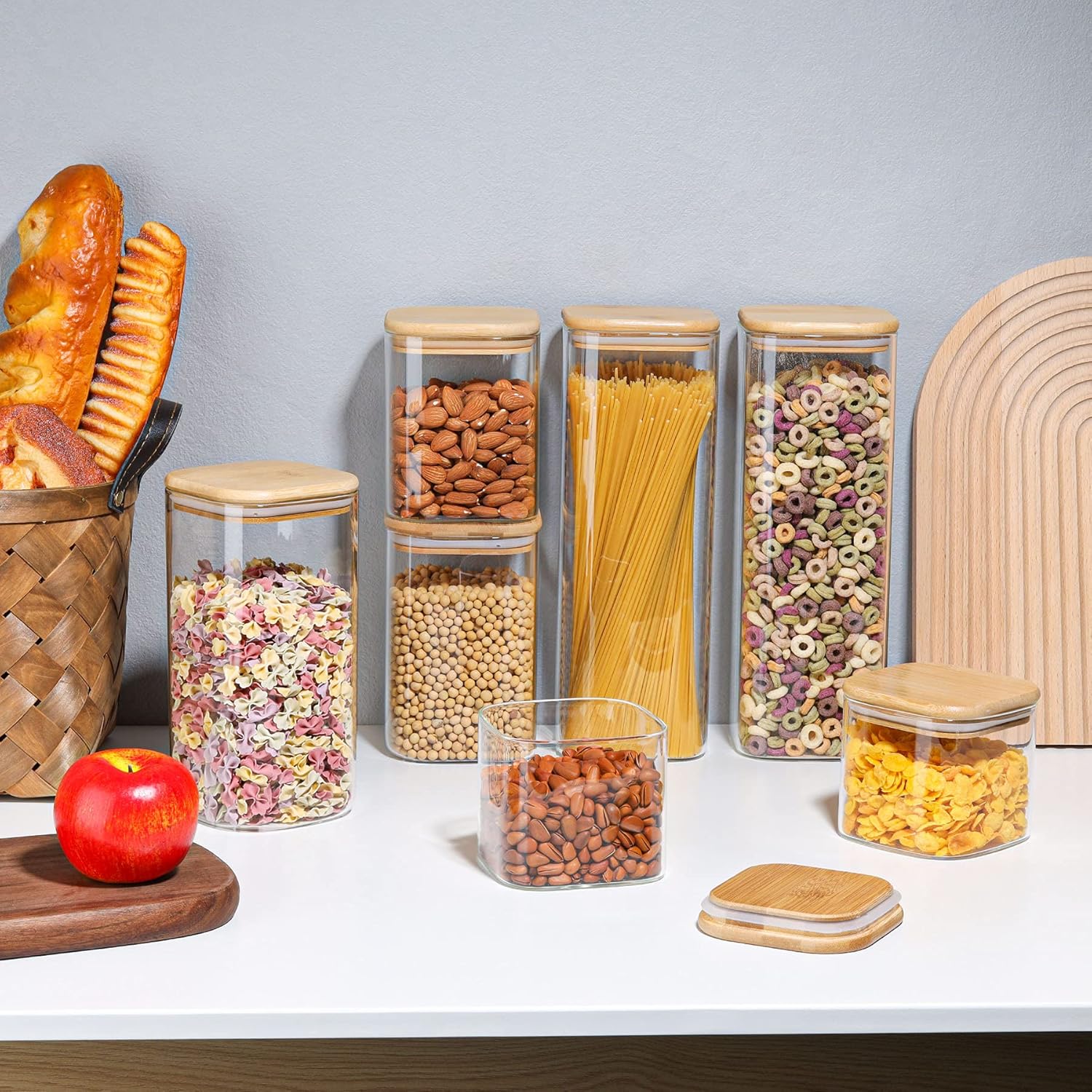 Square Glass Sealed Jars Set, Kitchen Organizer with Bamboo Lids, Multi-Capacity Storage Containers, Food Storage Jar, Coffee Spice Candy Pasta Decor