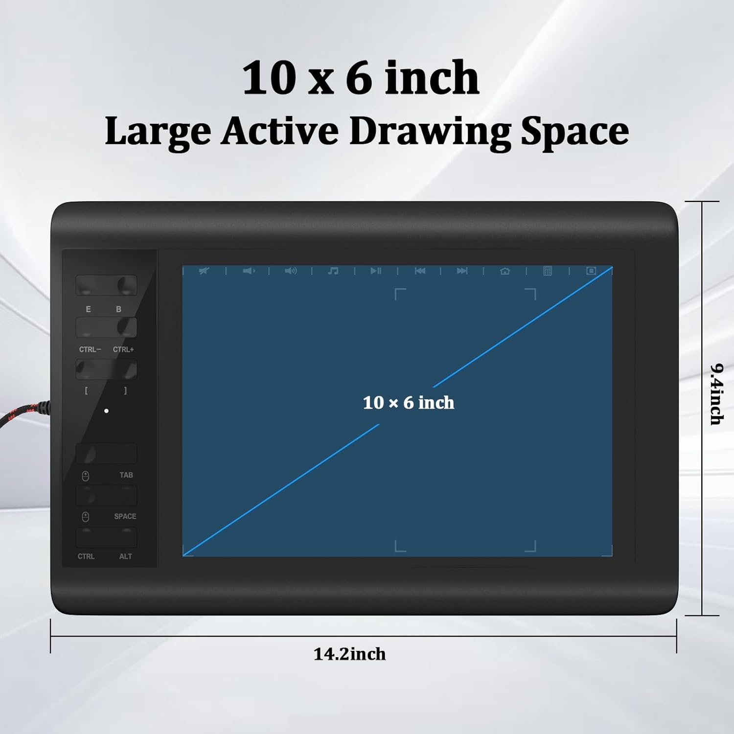 Graphics Drawing Tablet 10 x 6 Inch Large  Area with 8192 Levels -Free Pen and 12 Hot , Compatible with Windows//Android for Painting, Design &  Teaching, Black