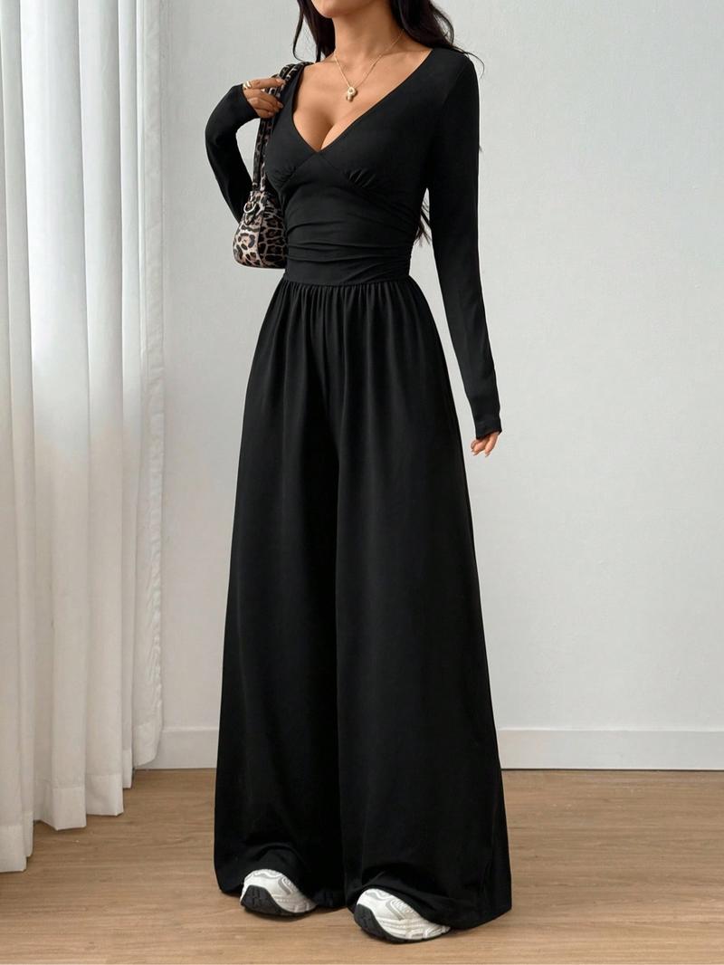 Women's Fall Winter Knitted Solid Color Wide Leg Jumpsuit, Fashionable High Waist Ruched Design, Versatile Casual