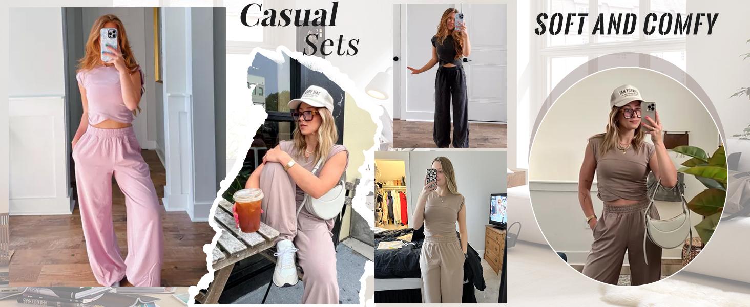 Yeokou Womens Two Pieces Outfits Casual Lounge Sets Cropped Tops Sweatpants Tracksuit with Pockets