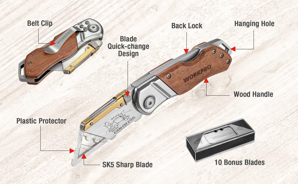 #JumpstartSale WORKPRO Folding Utility Knife with Belt Clip and Extra 10-piece Blades, Wood Handle Heavy Duty Cutter, Quick-change & Back Lock