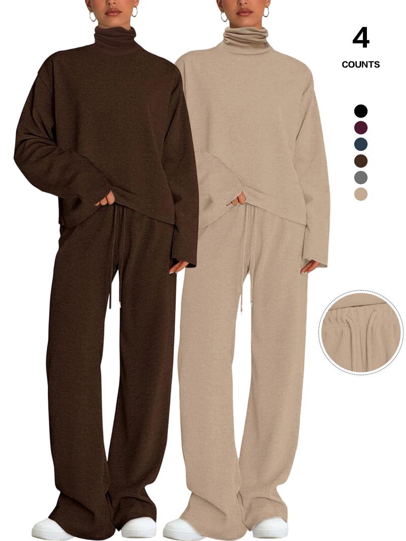 Women's 2 Piece Set Outfits Lounge Sets Ruched Short Sleeve Tops High Waisted Wide Leg Pants Tracksuit Sets, Elegant and casual high-round-neck long-sleeved basic two-piece set Casual Loungewear Set