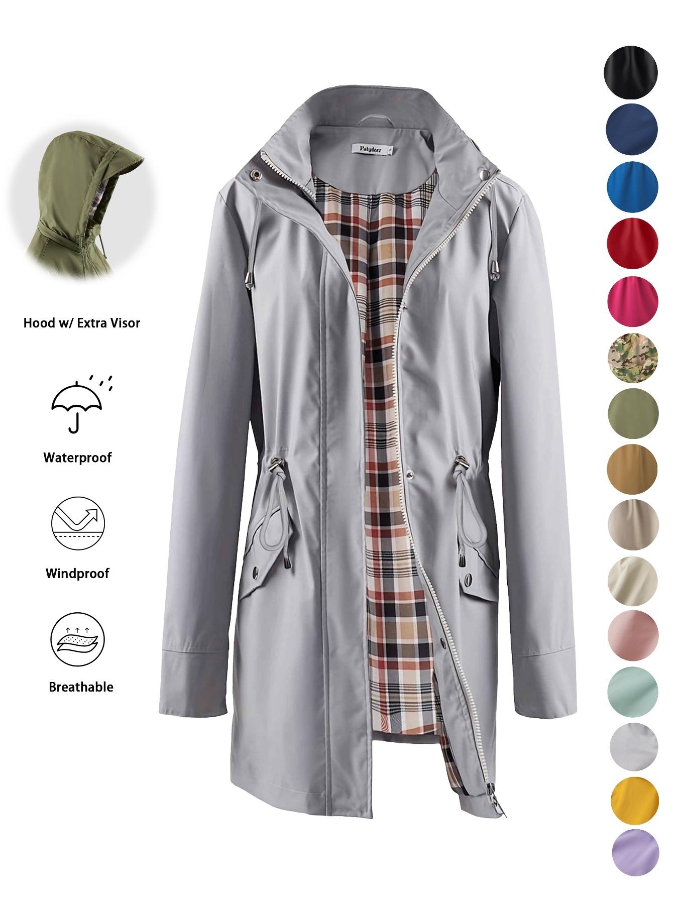 Women's Solid Color Drawstring Zip Up Hooded Trench Coat Raincoat, Casual Long Sleeve Waterproof Windproof Breathable Outerwear for Spring & Fall, Ladies Clothes for Daily Wear