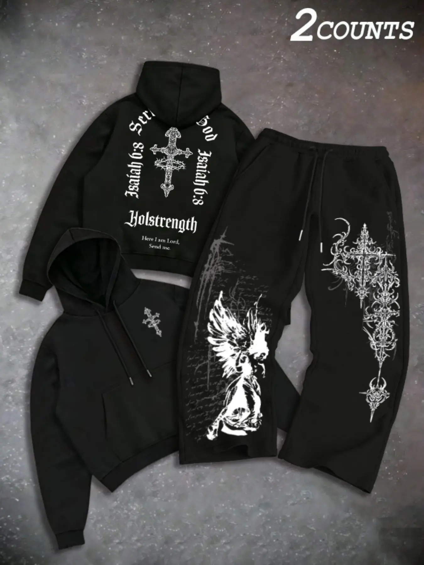Men's Two-Piece Fashion Casual Set, Cross Angel Print Hoodie and Drawstring Wide Leg Pants, Loose Fit Streetwear for Spring Fall Winter