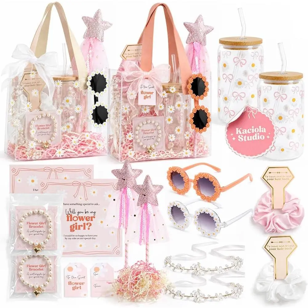 20Pcs Flower Girl Proposal Gifts Set Will You Be My Flower Girl Gift Box| Flower girl proposal with 2 bags, 16oz cup, glitter star wand, sunglasses, bracelet, hair accessories card gift for wedding