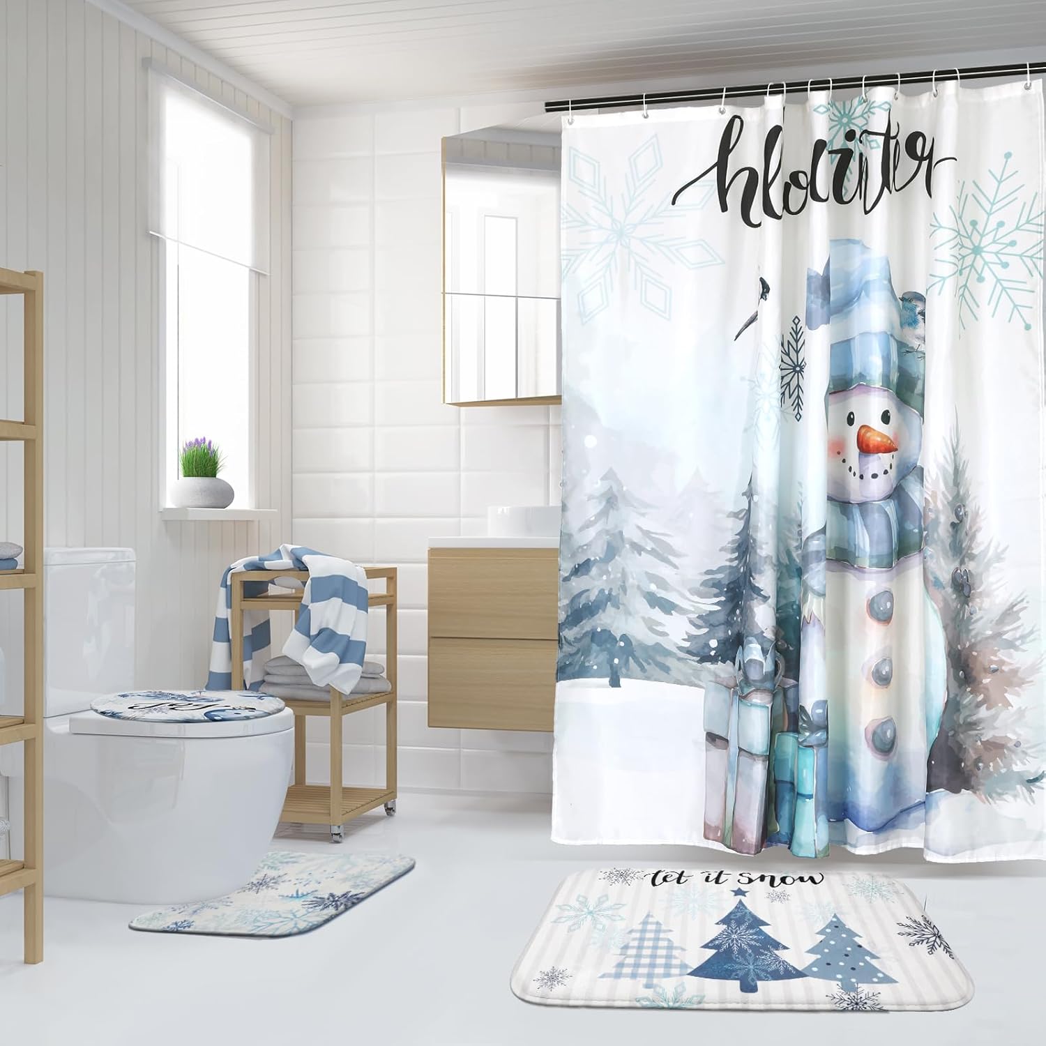 4 Pcs Christmas Shower Curtains Set with Non Slip Rug Winter Christmas Bathroom Decor Toilet Lid Cover and Bath Mat Snowman Shower Curtain with 12 Hooks for Xmas Bathroom Decor