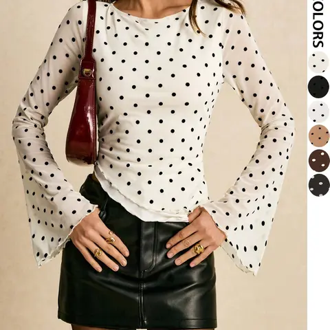 Elegant Women's Commuter Blouse with Eyelet Details, Asymmetric Hemline Design, Long Sleeve Casual Top for Stylish Office Wear, Chic Womenswear, Fashionable Blouse, Dot, Casual Blouse Shirts