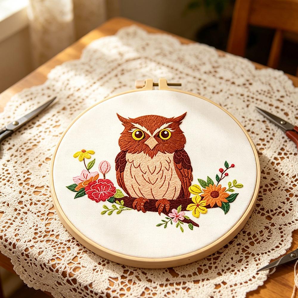 Animal Theme Embroidery Kit for Beginners, Owl Pattern Hand Sewing Set, Includes Fabric, Threads, Tools, Hoop, Instructions, Home Decor, Gift
