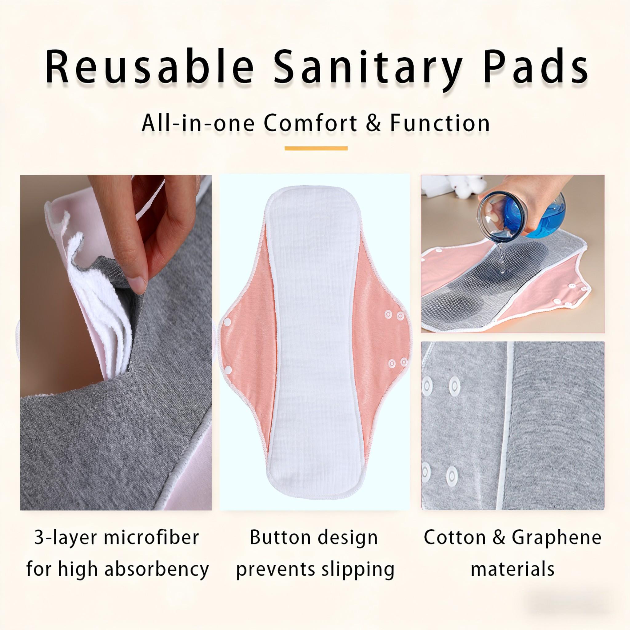 Reusable Washable Sanitary Pads, Graphene Cotton, Heavy Flow, Breathable Liner, High Absorbency, Night Use, 6 Pack Value Bundle,  Leak-Proof, Heavy Flow Overnight Menstrual Cloth Pads, Washable & Reusable，  (5 Colors: Skin/Green/Pink/Coral/Yellow)