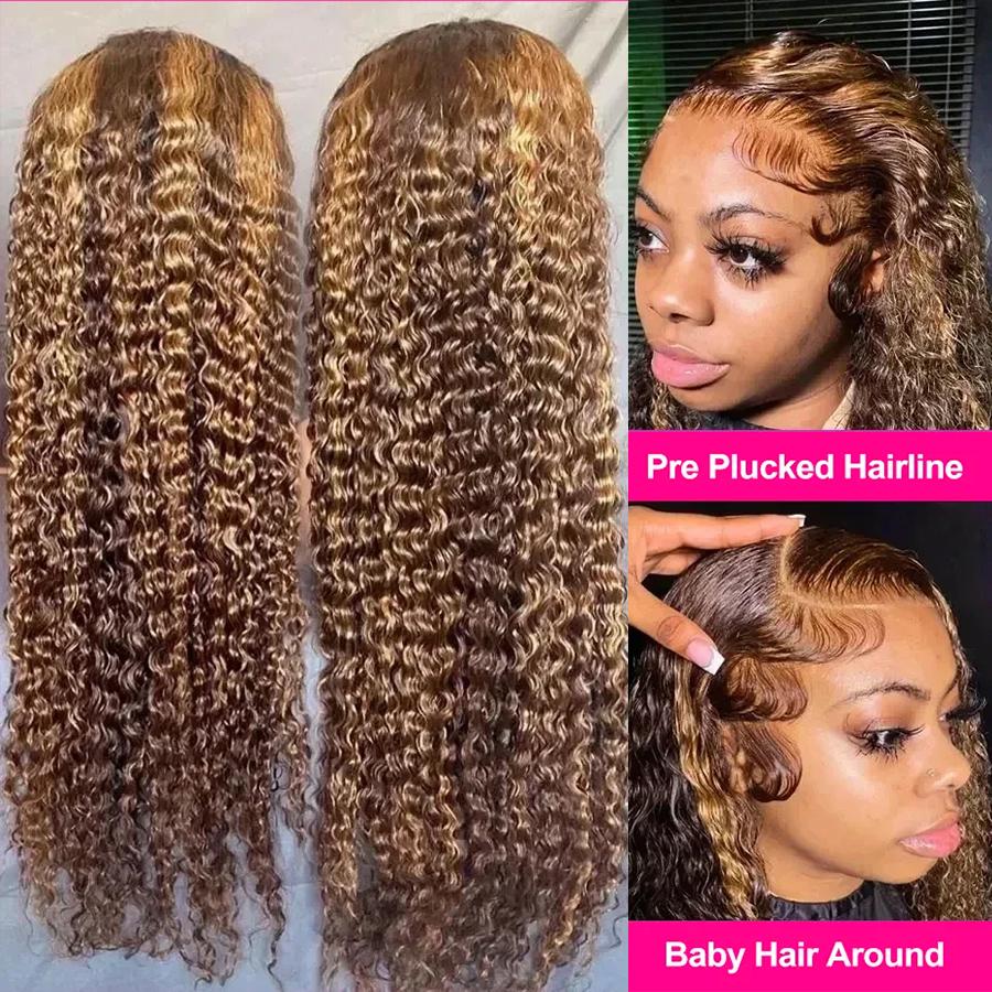Pizazz Hair Water Wave 4/27 Highlight 13x4 HD Transparent Lace Front Wigs Ombre Human Hair Wet and Wavy Curly Lace Frontal Wigs Pre Plucked with Baby Hair 180% Density