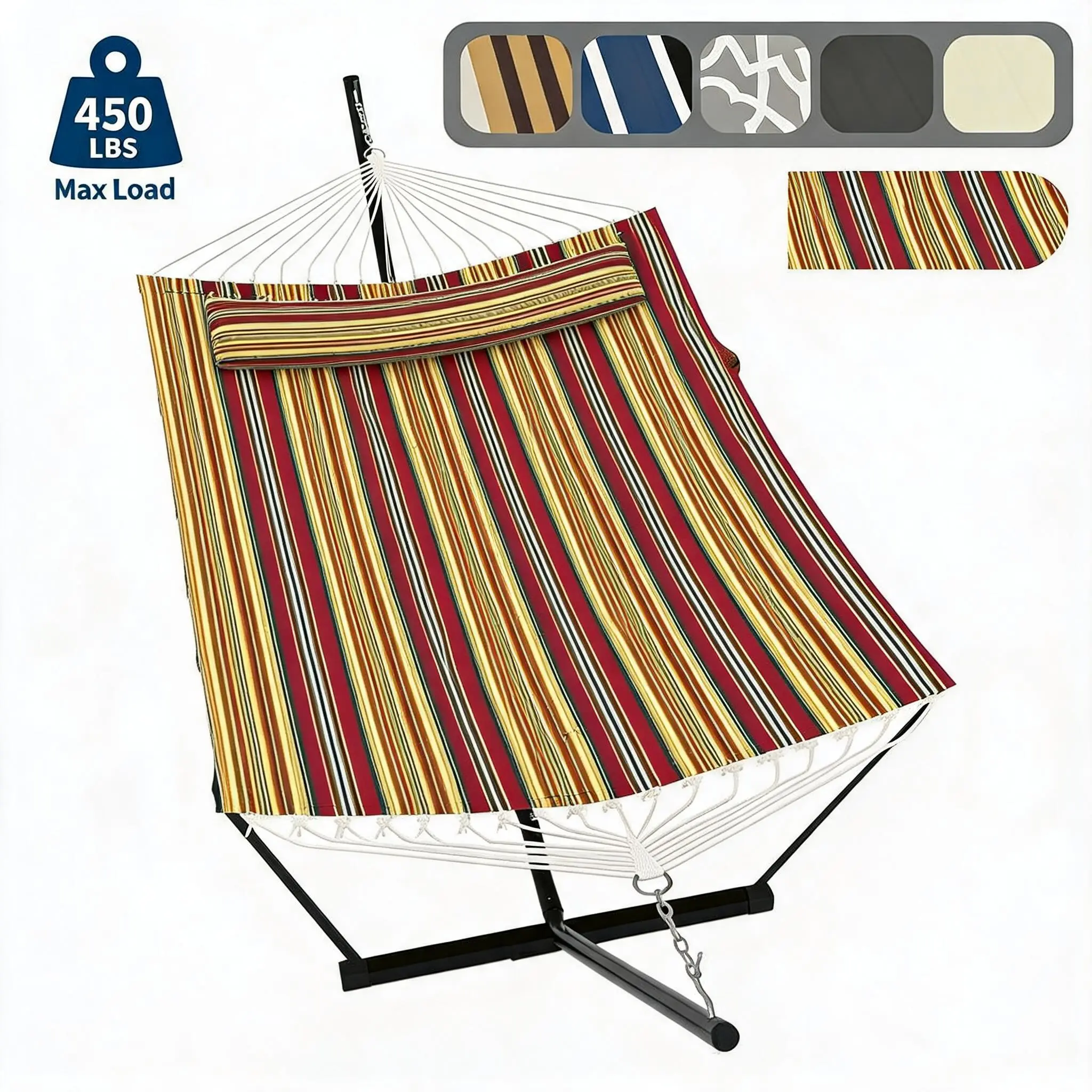 Heavy Duty Double Hammock with Steel Stand – 2 Person Quilted Outdoor Hammock, 450 lbs Capacity, Removable Pillow, Side Pocket, Adjustable Chains, Freestanding for Patio, Backyard, Poolside, Garden