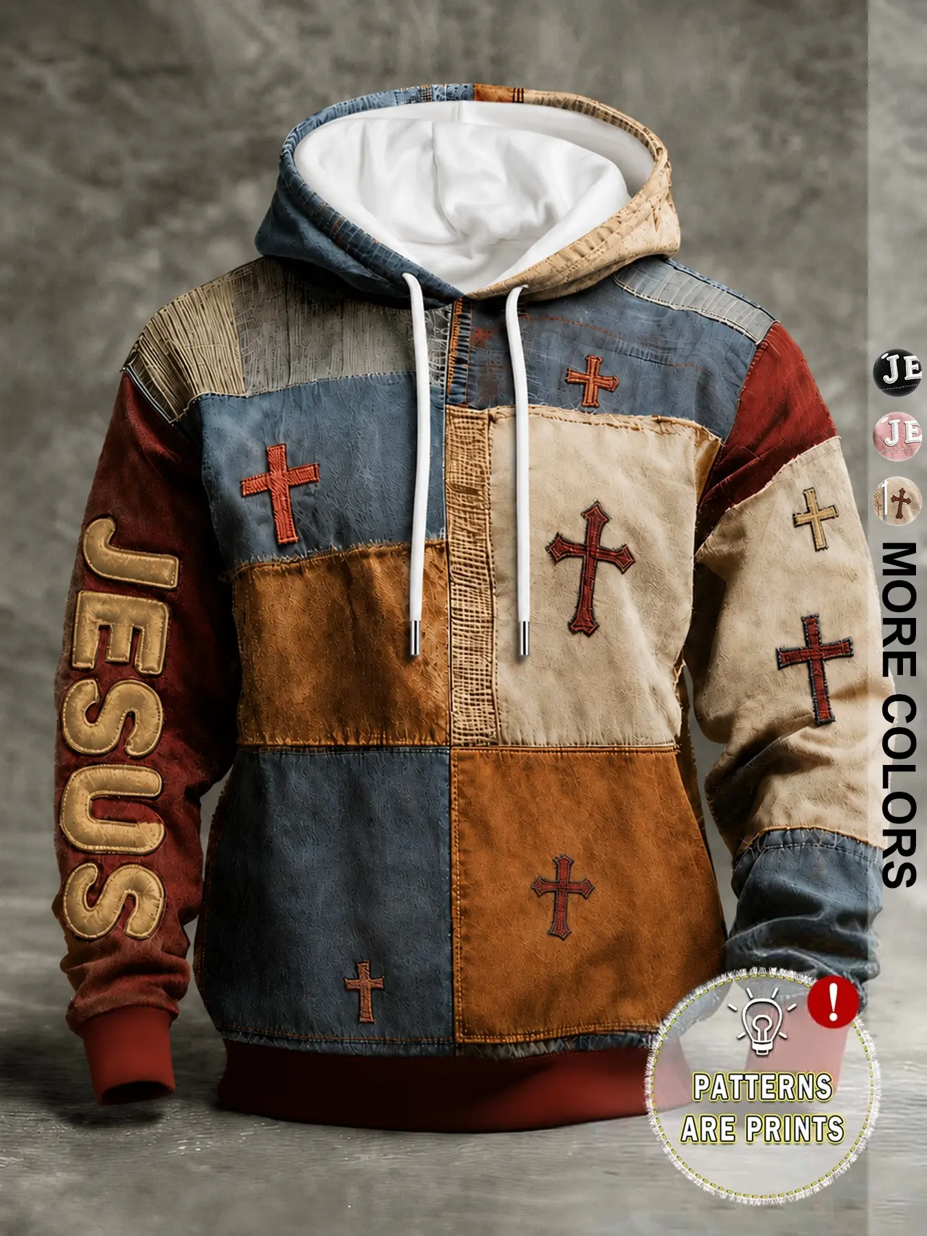 Men's Artistic Vintage Patchwork Print Hoodie, Colorful Comfortable Top, Jesus Cross Faith Pattern Long Sleeve Sweatshirt, Casual Daily Wear