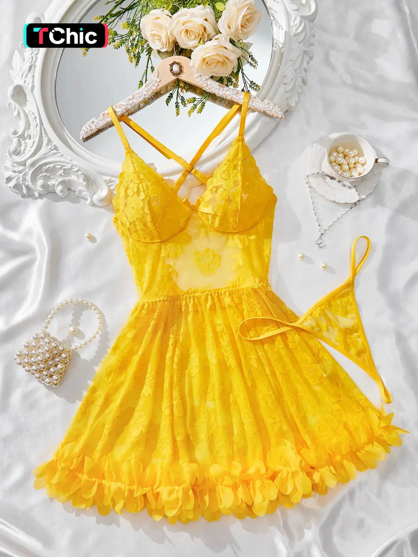 Women's Sexy Elegant Strapless Sleeveless Nightdress Set, Nightwear, Loungewear, Adjustable Thin Straps, Lace Trim, Semi-Transparent, All Seasons