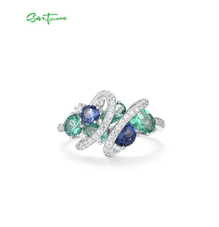 SANTUZZA Created Green And Blue Spinel White Cubic Zirconia 925 Silver Ring For Women Fine Jewelry