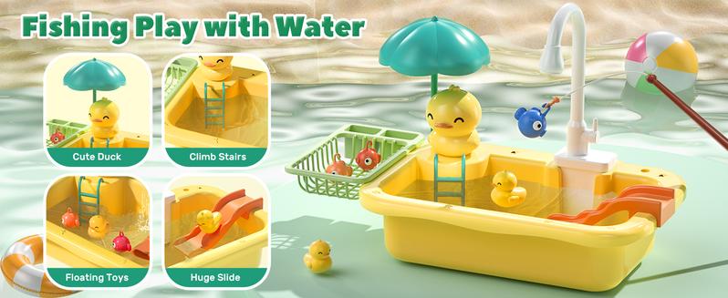 CUTE STONE Play Sink with Running Water, Kitchen Sink Toys with Play Food and Kitchen Utensils, Pool Floating Toys for Fishing Game, Role Play Electric Dishwasher Toy Gift