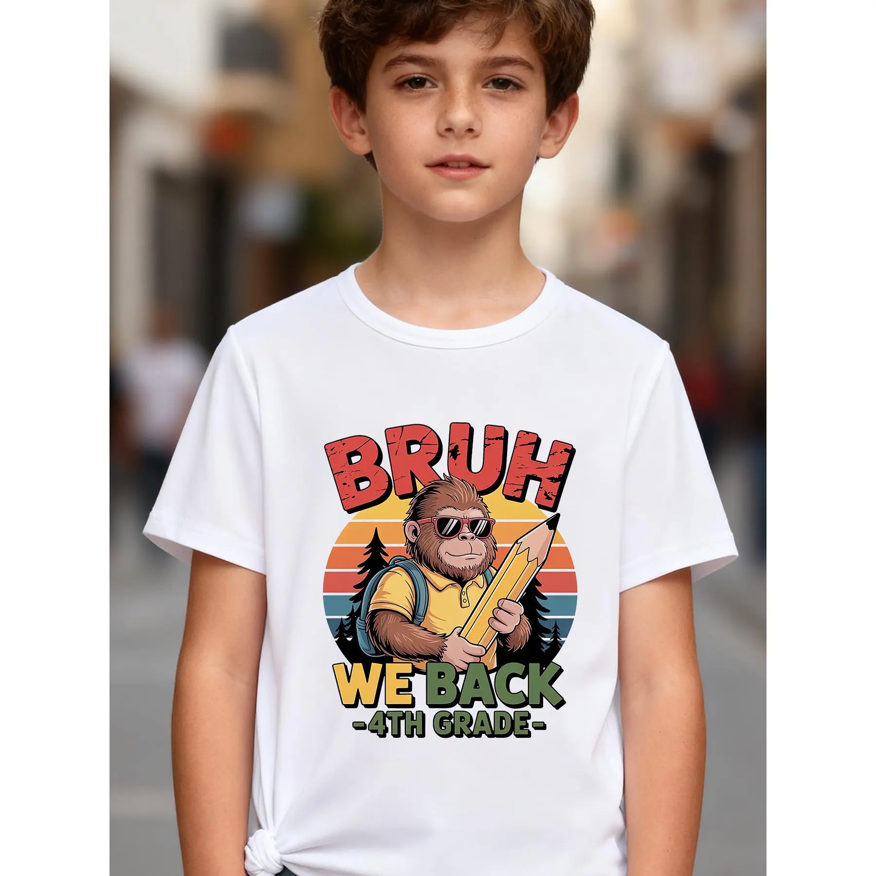 Back to School! BRUH WE BACK - 4TH GRADE Graphic Print Boys' T-Shirt, Stylish And Cool Crew Neck Short Sleeve Top, Back-To-School Kids' Clothing(3Y-13Y)
