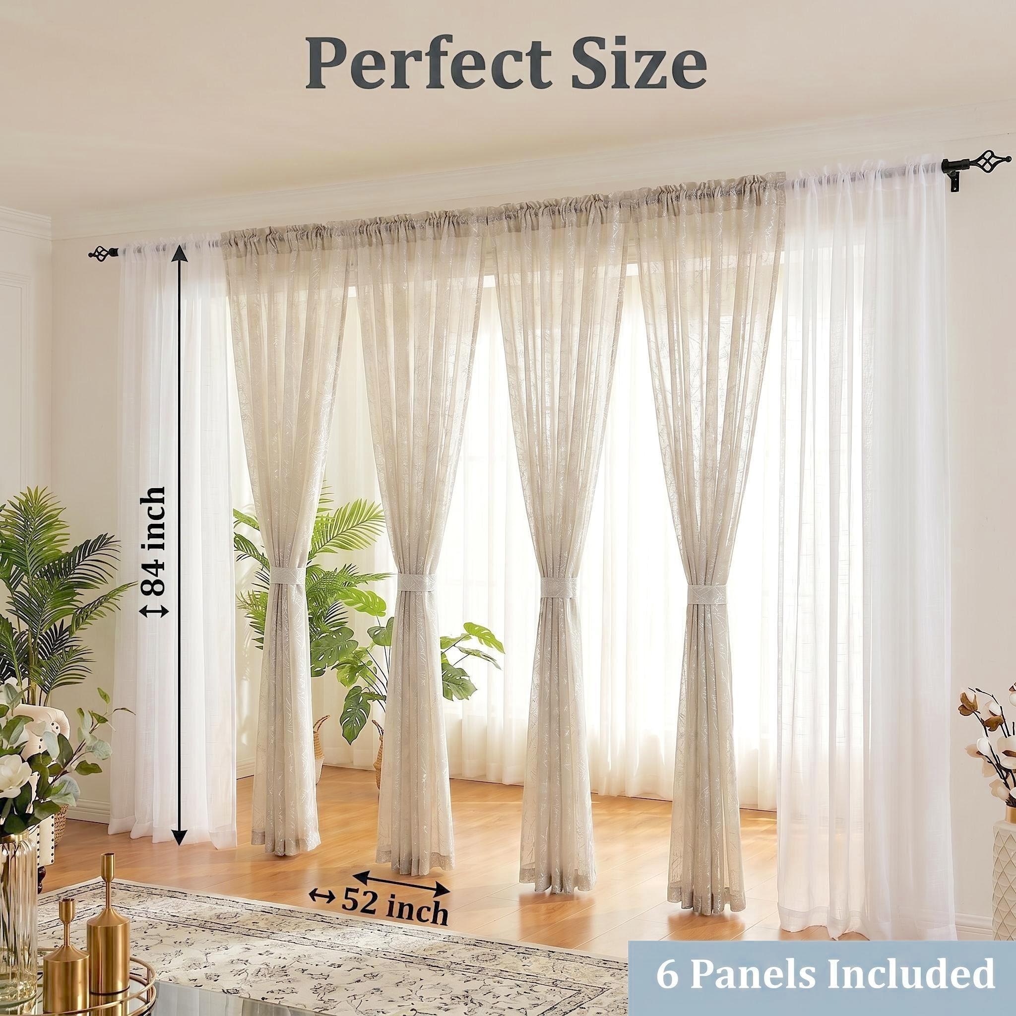 6-Panel Rod Pocket Window Drape Set (52"x84") - Durable, Dustproof, Breathable, Anti-Shrink, Fade-Resistant Flat Weave, 4 Foil Silver Metallic Sheers, 2 Linen Texture Chenille Semi-Sheers, Easy Installation, for Bedrooms/Living Rooms (FT5001 L39), Rust