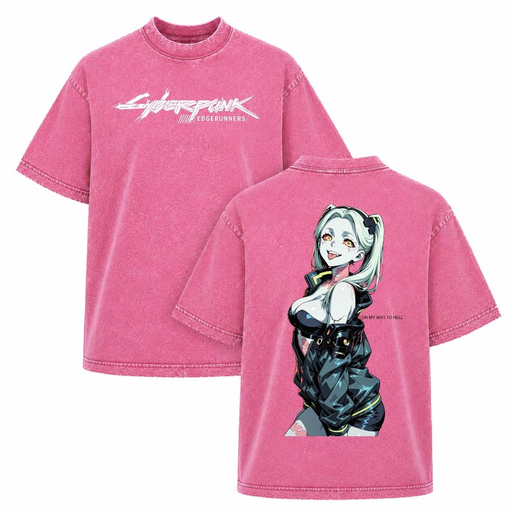 Men's Short-Sleeve Rebecca Cyberpunk: Edgerunners Anime Double-Printed Vintage Washed Oversize Heavyweight Cotton Unisex T-Shirt