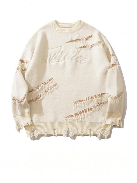 Men's Regular Fit Letter Embroidery Raw Hem Ripped Drop Shoulder Sweater, Casual Soft Comfy Long Sleeve Round Neck Crewneck Jumper For Fall & Winter, Men's Knitwear Top For Daily Wear