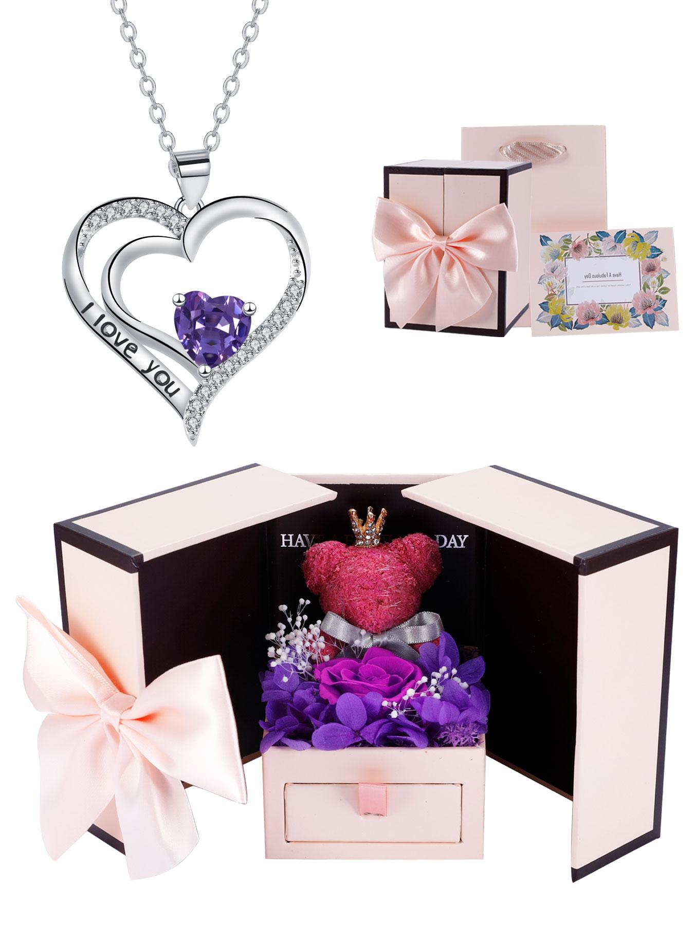 Heart Shaped Cz Birthstone Necklace, I Love You Pendant, Mos Bear Rose Jewelry Gift Box, Girlfriend Birthday Anniversary Present, Exquisite Jewelry Gift