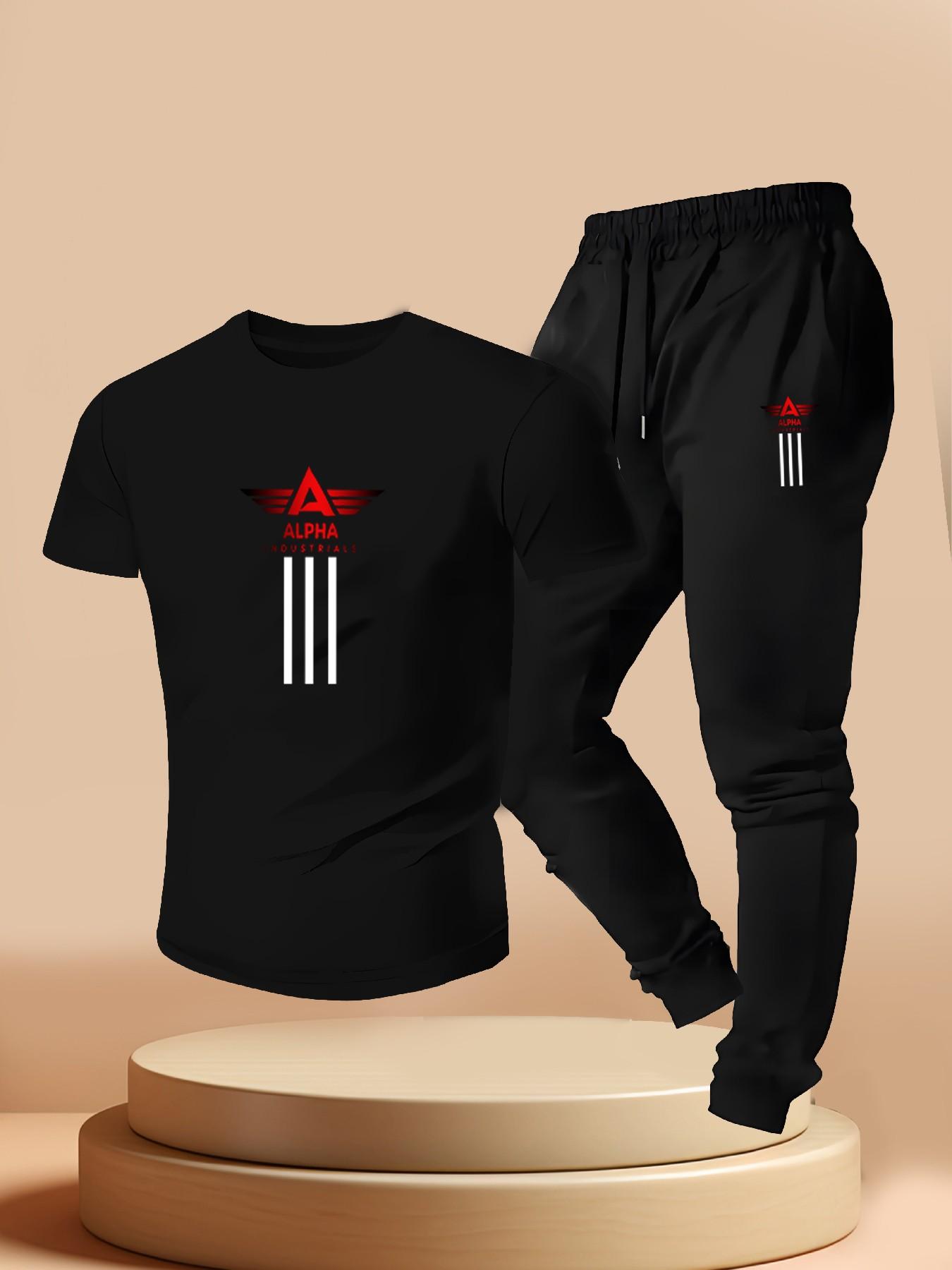 Men's Street Style Alpha Industrial Set, Short Sleeve Tee + Waistband Sports Pants, Summer Military Fashion Two-Piece