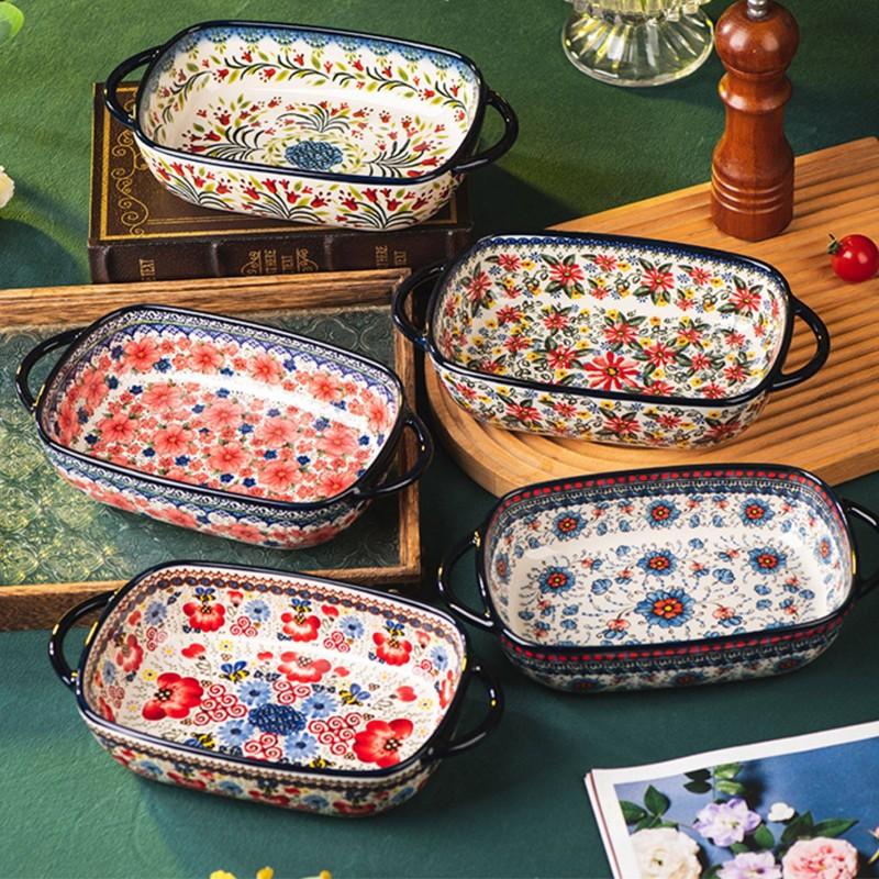 730ML Floral Ceramic Baking Dish, Rectangular Serving Dish with Handles, Ideal for Rice, Salad & Cheese, Elegant Kitchen Essential