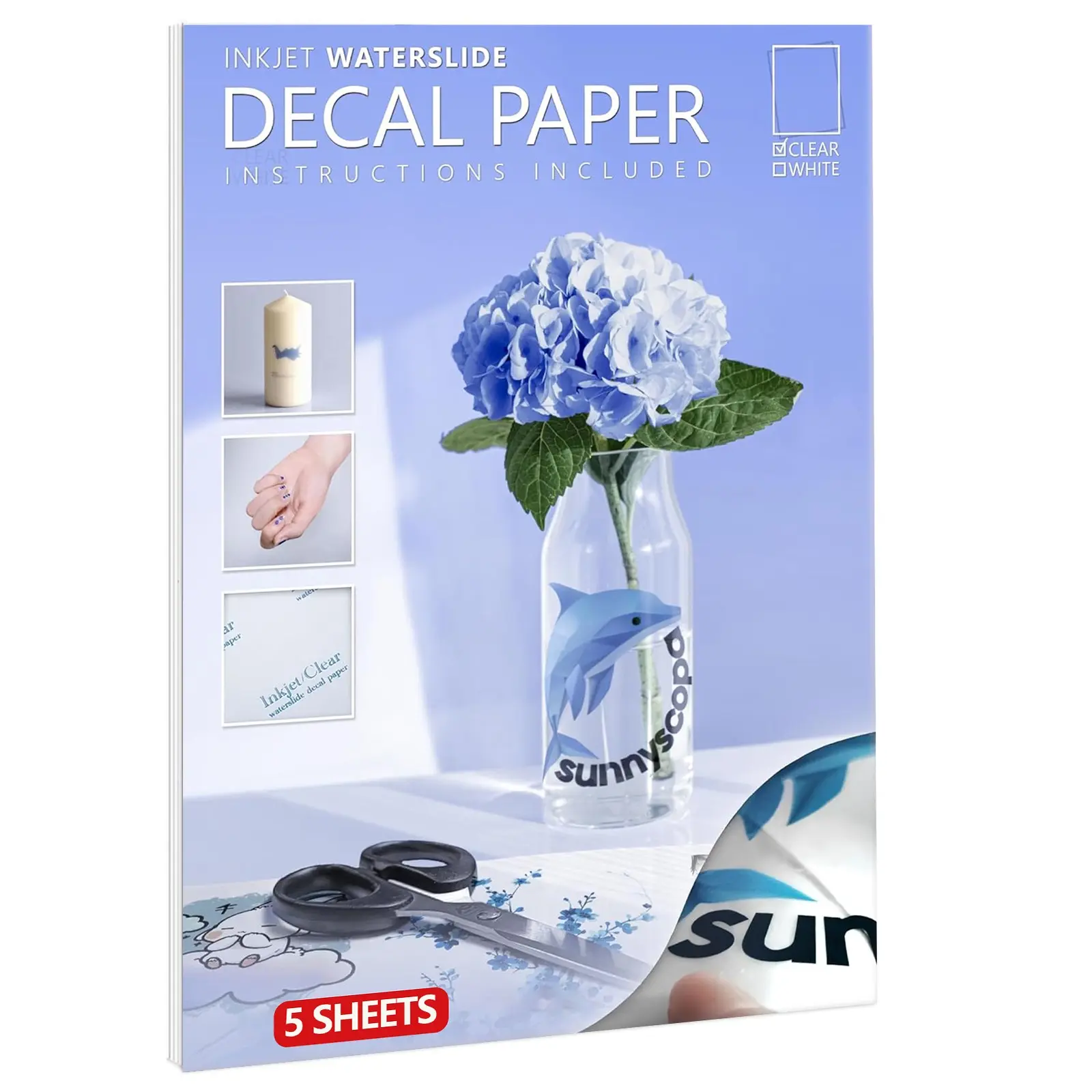 A4 Waterslide Decal Paper for Inkjet Printer, Clear A4 Size 8.3"x11.7", 5 Sheets, Water Slide Transfer Transparent, Ideal for DIY Projects