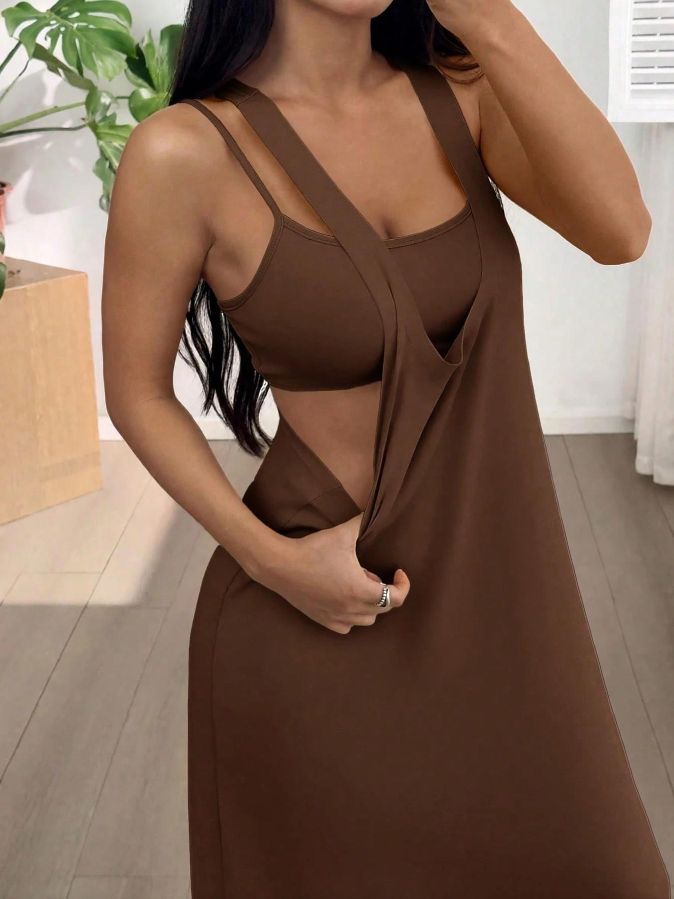 Women's 2pcs Heather solid color Casual Wear Tank Top & Cutout Maxi Dress Set , Soft Stretchy Fabric & Double-Strap Design