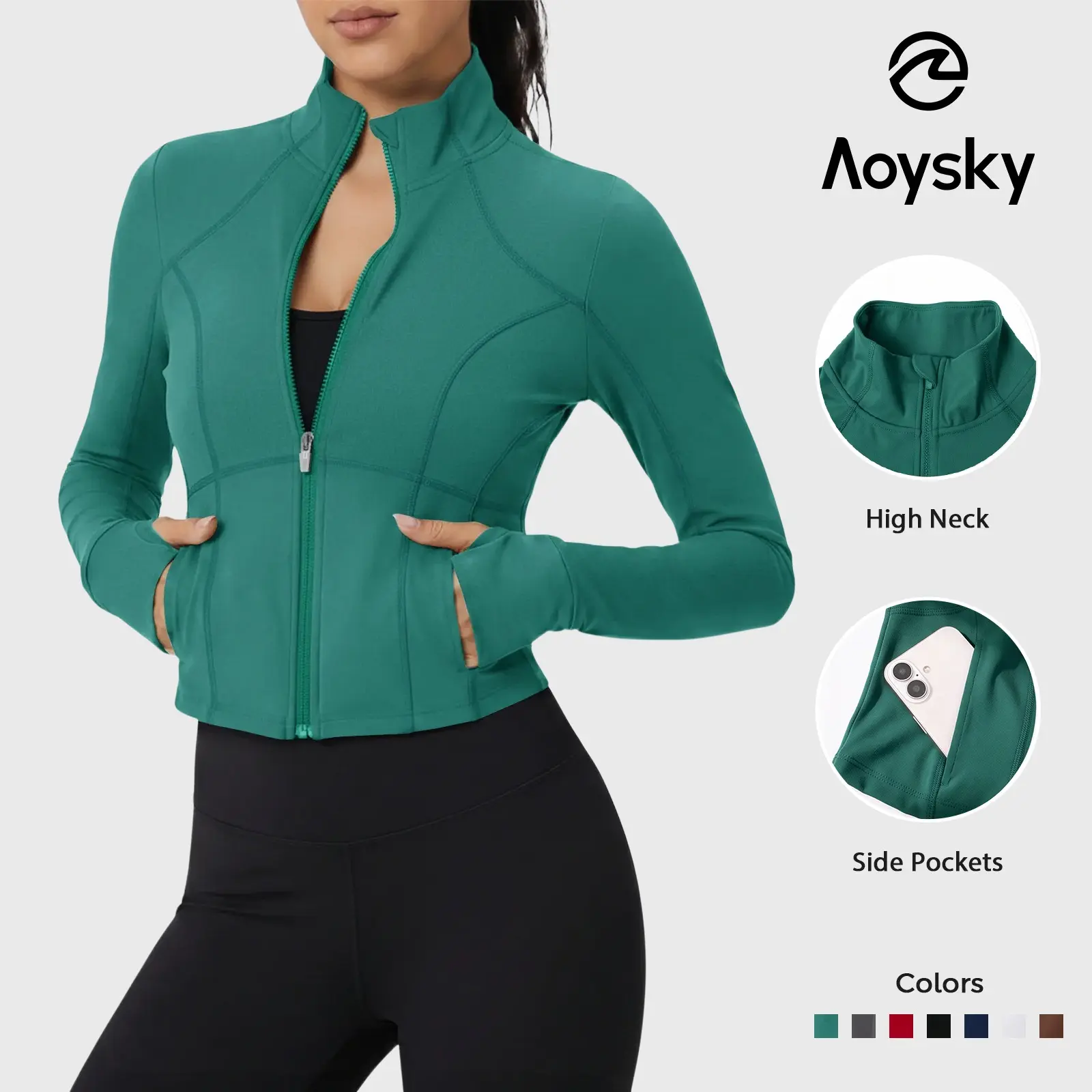 Aoysky Women's Cropped Activewear Workout Jacket - Full Zip-Up, Slim Fit, Lightweight, Thumbhole Athletic Top with Pockets for Running, Yoga, Workout Wear