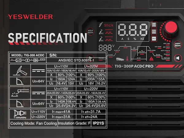 Product Introduction of YESWELDER TIG-200P-ACDC-PRO AC/DC Aluminum TIG Welder 200Amp | AC TIG/DC TIG/Spot TIG/Pulsed TIG/Stick | HF Start 110/220V Dual Volts Welding Machine with Pulse 35