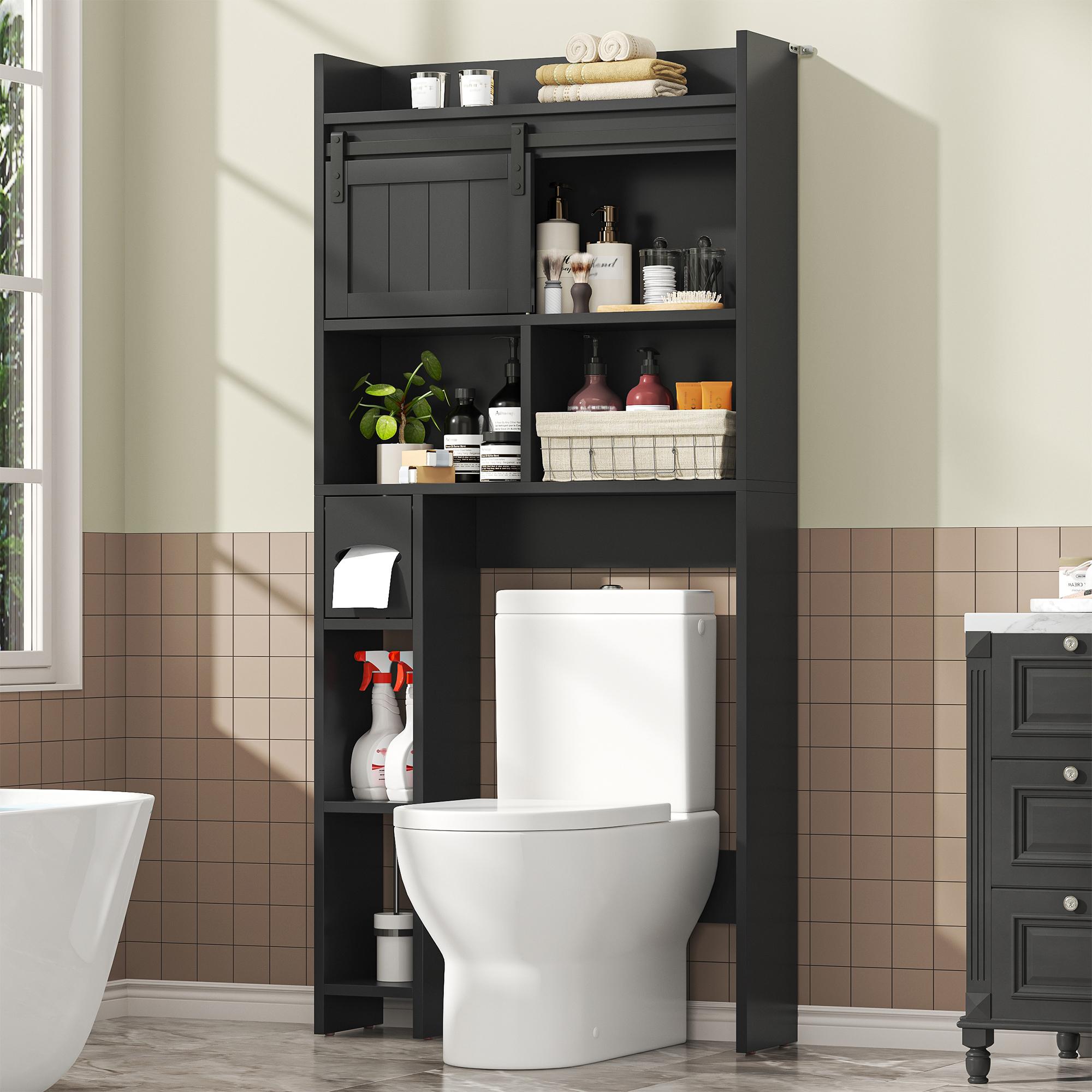 Over-The-Toilet Storage Cabinet with Sliding Door & Toilet Paper Holder Stand, Bathroom Organizer with Side Storage for Restroom