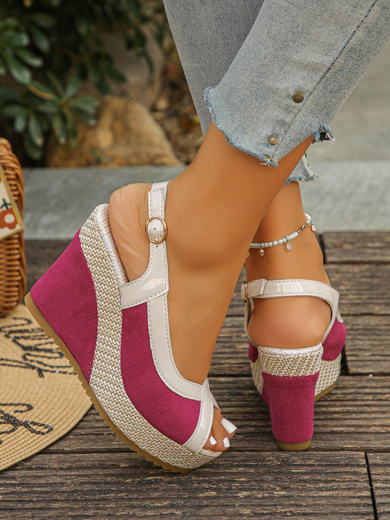 Women's Summer New Colorblock Fish Mouth Open Toe Thick Sole Chunky Heel Back Strap Sandals, Fashionable Casual Streetwear Shoes