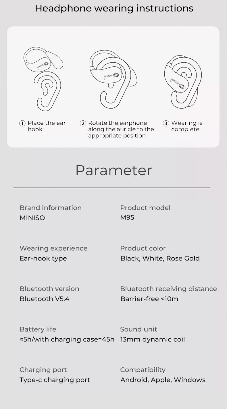 MINISO M95 Open Ear Headphone Earbuds Open Ear Bluetooth 5.4 Headphones with LED Display Screen OWS Earphones Wireless Earbuds with Earhooks Bluetooth Earbuds for Running,Driving,Working