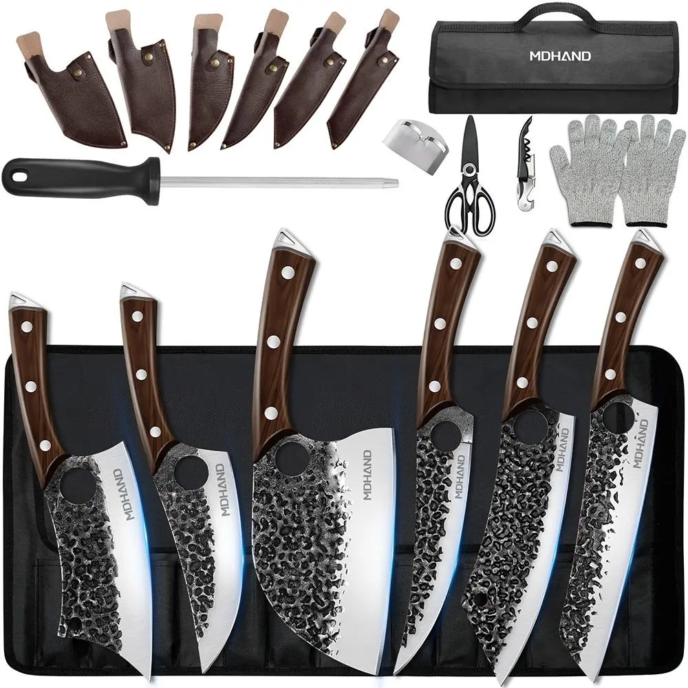 18PCS Butcher Knife Set, Hand Forged Serbian Chef Knife Set with Bag, High Carbon Steel Full Tang Kitchen Knives, Meat Cleaver & Boning Knife for BBQ, Brisket Trimming, Camping, Gift