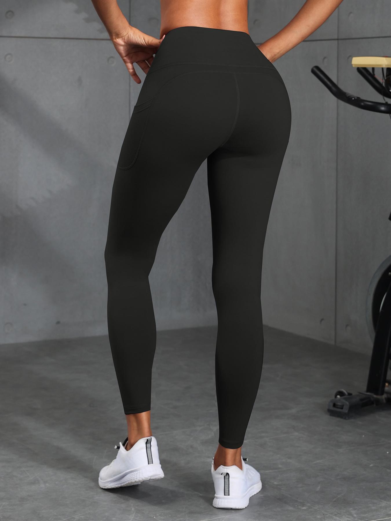 High Waist Pocket Women's Sporty Tight Pants, Solid Color Versatile Fitness Base Layer Yoga Pants, Comfortable Workout Leggings, Gym Fitness Leggings