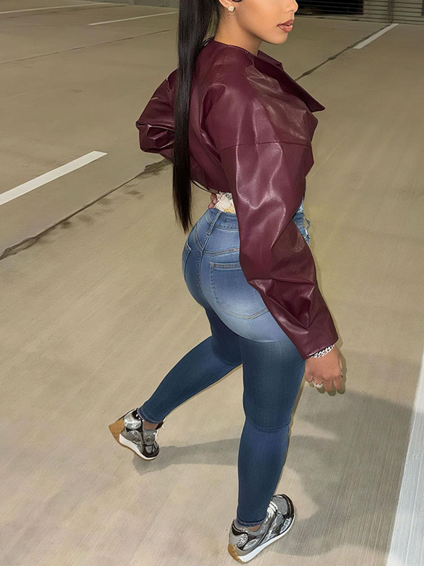 Women's Summer Fashion PU Leather Jacket, Casual Slim Fit Crop Top Coat, Stylish European Style Outerwear for Women, Casual Fashionable Outerwear