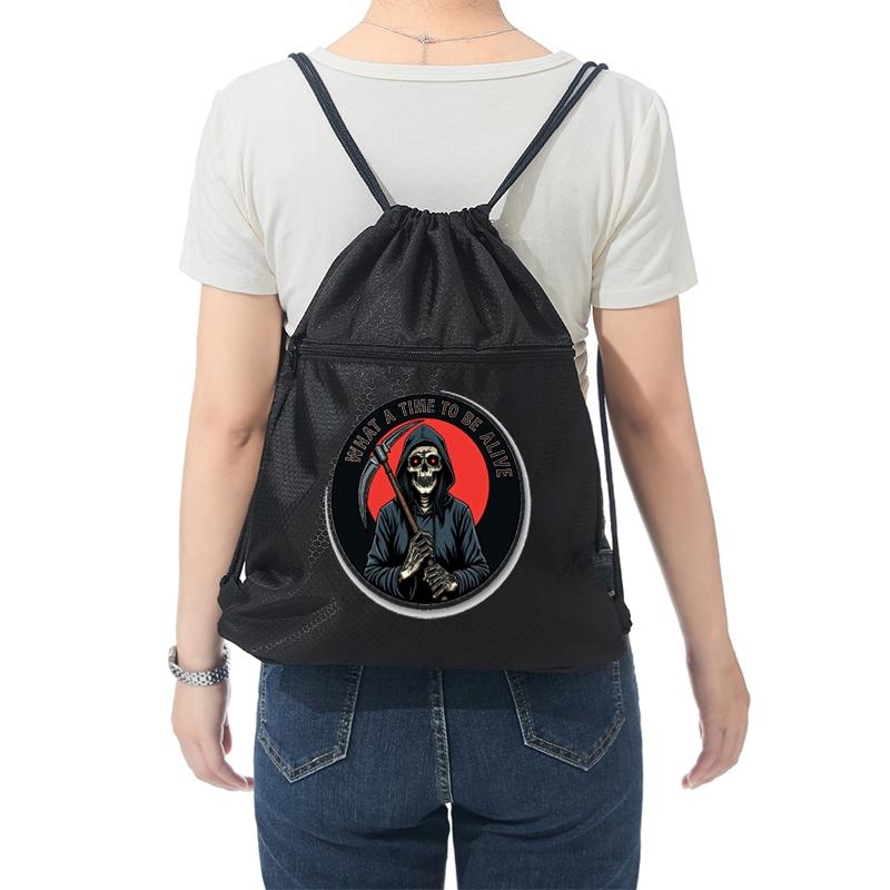 Grim Reaper Printed Drawstring Backpack Durable Gym Bag with Zipper Pocket for Outdoor Sports Travel School Use Trendy Casual Style Perfect Halloween Birthday Christmas Gift for Teen and Young Adults