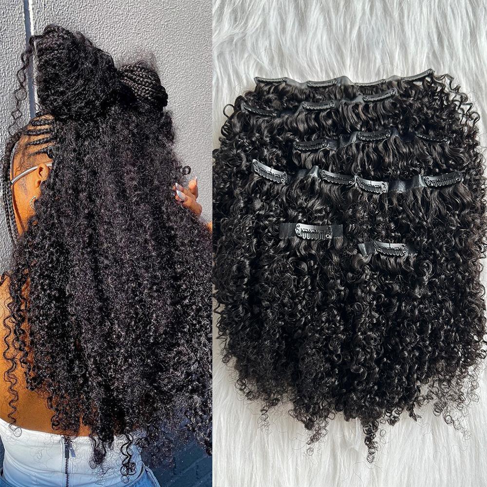 Afro Kinky Curly Clip ins Hair Extensions Human Hair Seamless PU Clip in Hair 7pcs /set 120g Full Head for Black Women
