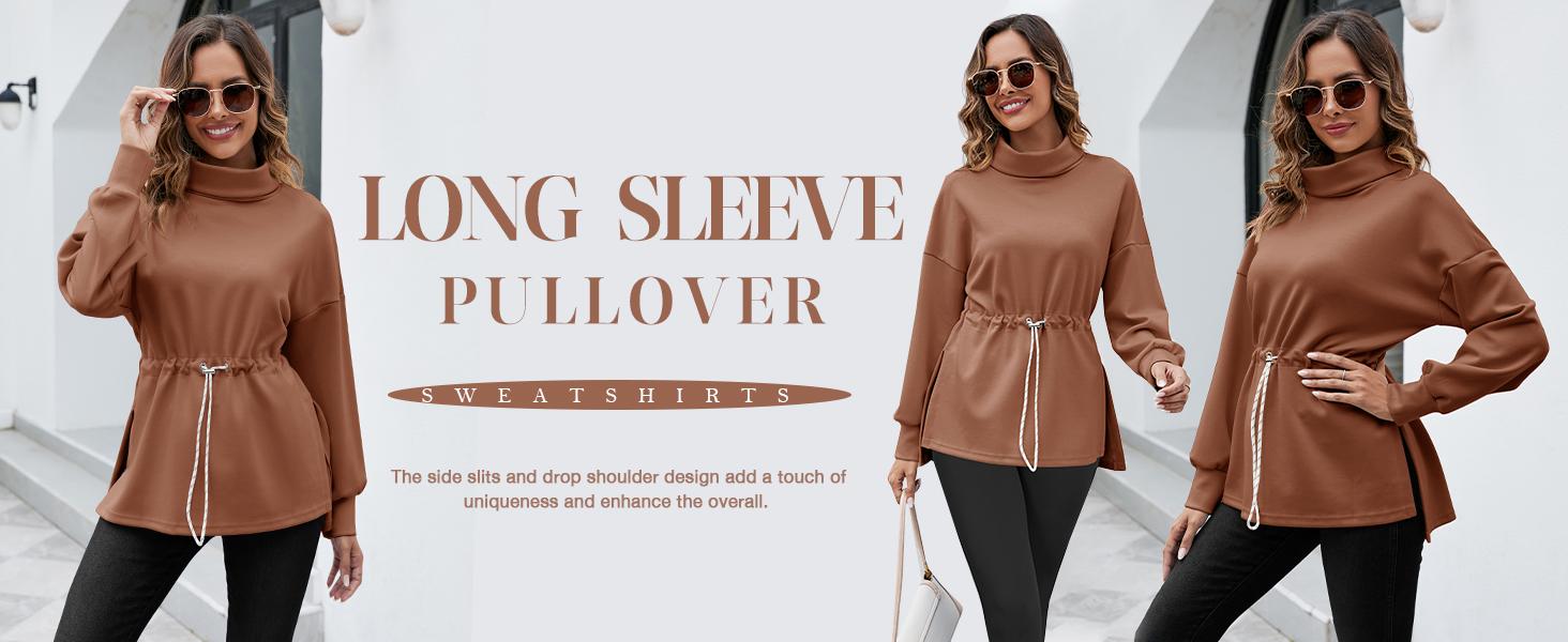 FISOEW Women's Turtleneck Sweatshirts Long Sleeve Pullover Tops Side Slit Tunic Shirts with Drawstring Waist Hoodie White Casual Womenswear #TikTokShopHolidayHaul