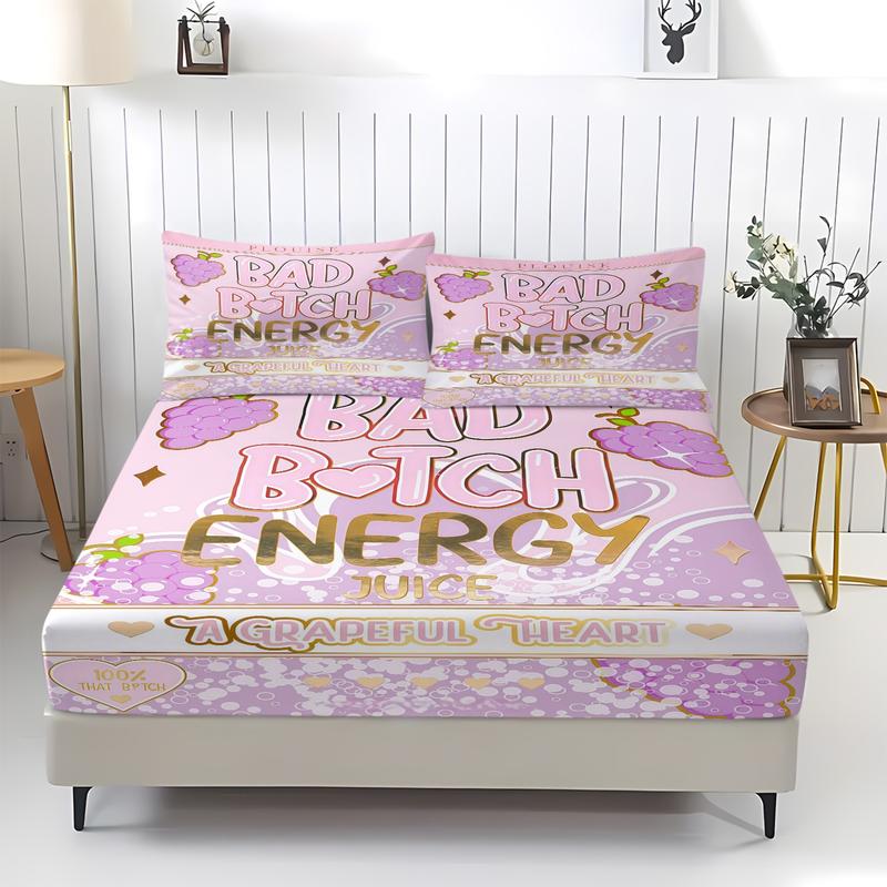 Bad B♥TCH ENERGY Theme Bed Sheet, Fruit/Dessert Pattern Bedding Set, Soft, Comfortable and Easy to Care for Bedding, Made of Allergy Resistant Material All Year Round, Including 1 Bed Sheet and 2 Pillowcases